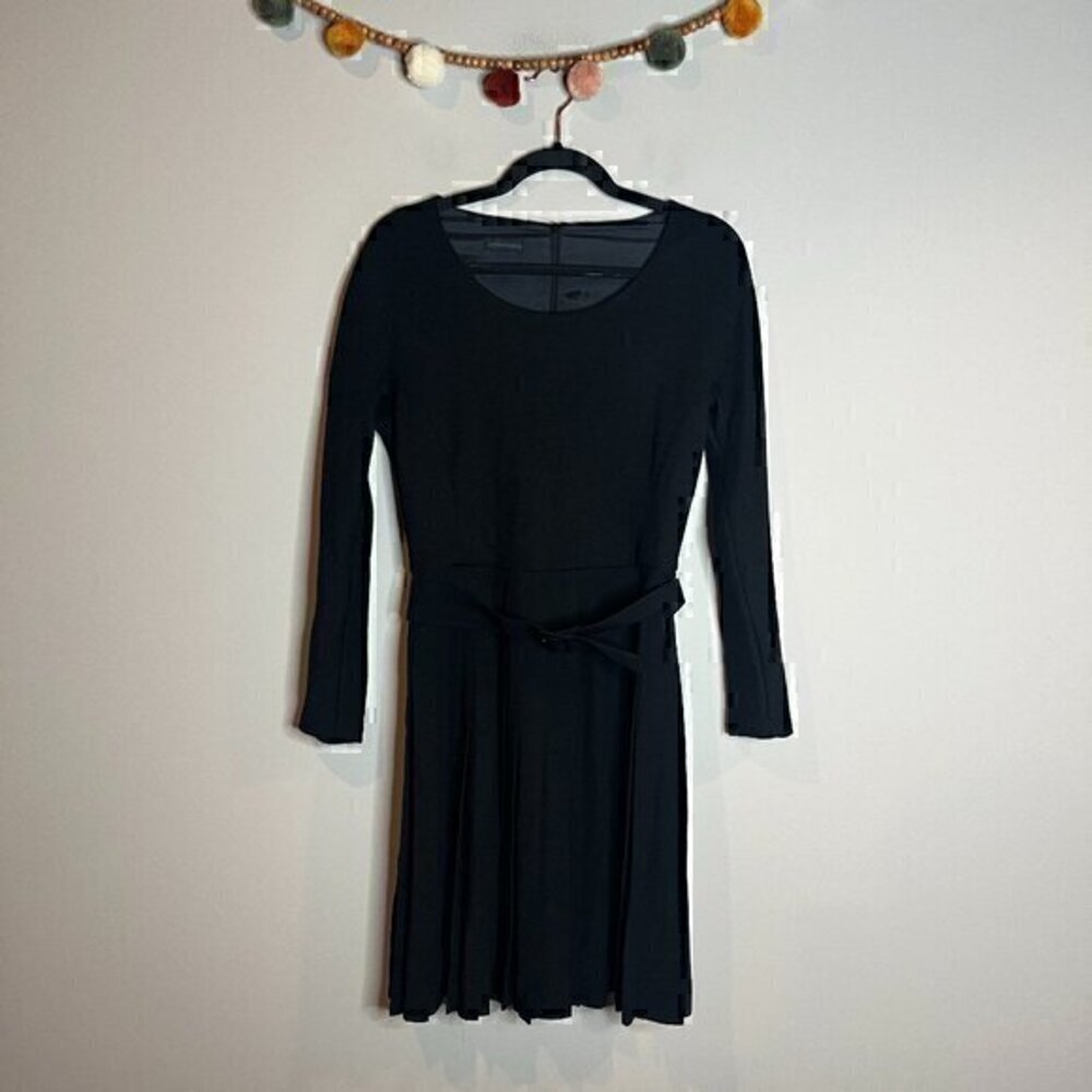 Victor Victoria black pleated belted wool dress